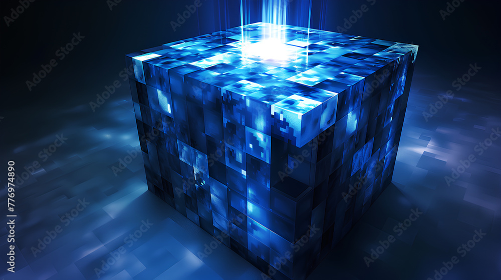 Poster a cube made of blue blocks with a light shining on it