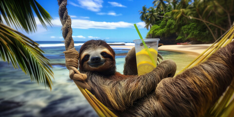 a sloth in a hammack relaxing with a lemonade on a beach in Bali 