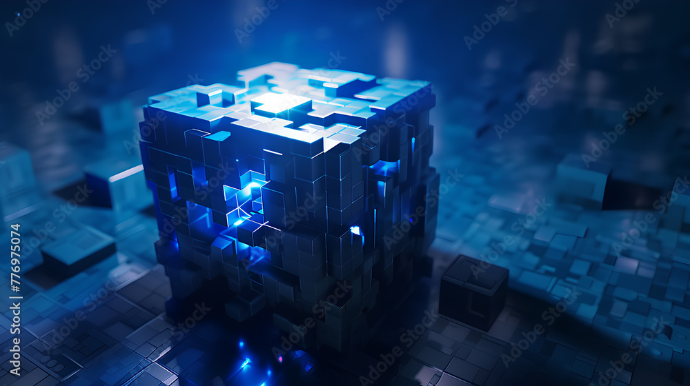 Poster a cube made of blue blocks with a light shining on it
