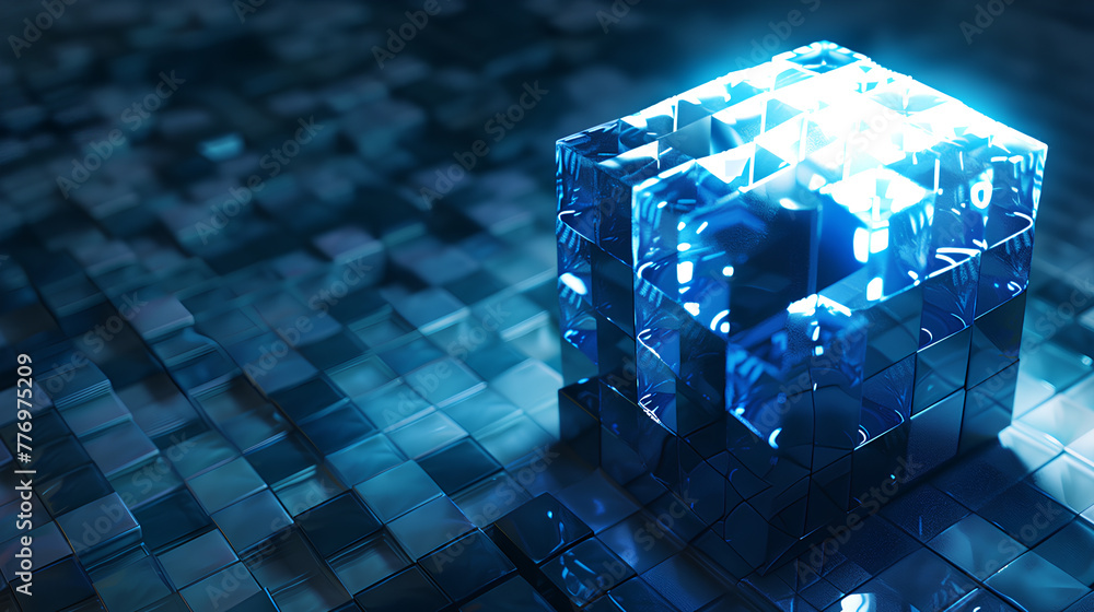 Poster a cube made of blue blocks with a light shining on it
