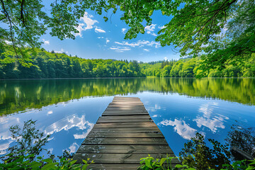 Wooden pier on a tranquil forest lake