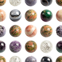 Seamless pattern based on photographs of natural stone spheres. It includes black agate, charoite,...