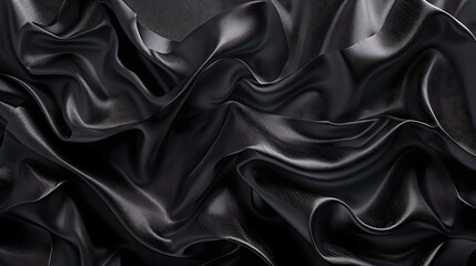 Elegant black satin fabric rippling softly in subdued light. Luxurious textile background, perfect for design and fashion. Silky smooth material captured beautifully. AI - obrazy, fototapety, plakaty