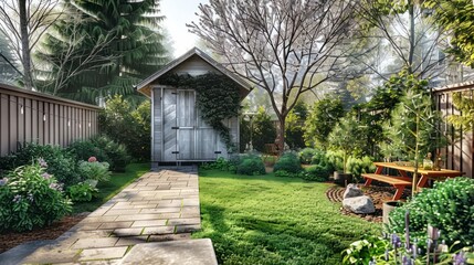 The Warmth of Summer Envelops a Quaint Backyard, Complete with a Small Shed and a Welcoming Walkout Deck - obrazy, fototapety, plakaty
