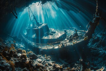 Sunken ship on the seabed, capturing its weathered structure and the surrounding marine life,...