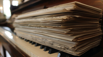 A close-up of a large pile of well-worn sheet music resting on the vintage wooden surface of an old...