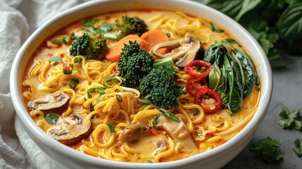 Creamy yellow Thai curry with noodles, mushrooms, red bell peppers, broccoli, carrot topped with bok choy served in a white bowl. Generative AI. - obrazy, fototapety, plakaty