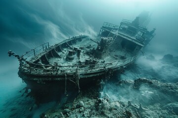 Sunken ship on the seabed, capturing its weathered structure and the surrounding marine life,...