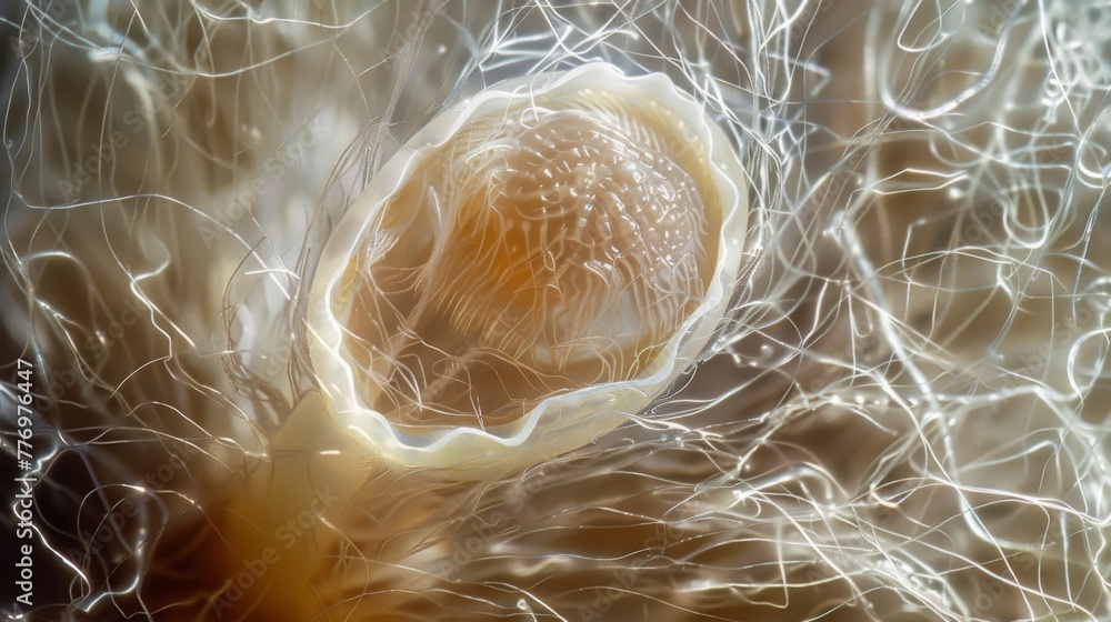 Poster a microscopic view of a single worm egg surrounded by a meshlike network of feathery strands. these 