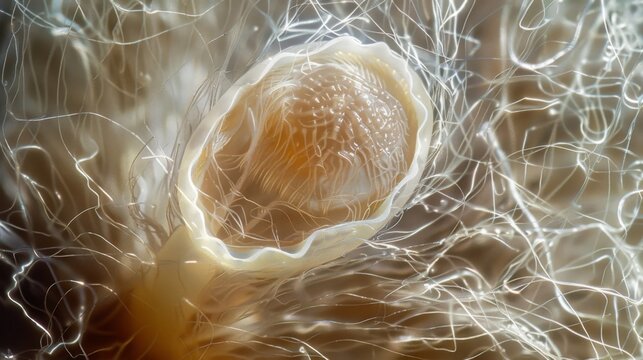 A microscopic view of a single worm egg surrounded by a meshlike network of feathery strands. These are microscopic hairs called setae