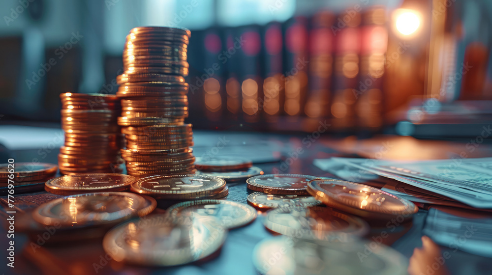 Poster document with graphics and stacks of coins on the office desk. generative ai.