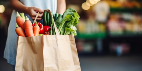 Eco-Friendly Shopping: Reusable Bag Full of Fresh Produce. Generative ai - obrazy, fototapety, plakaty