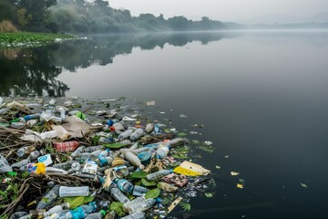 River polluted with discarded plastic bottles and trash