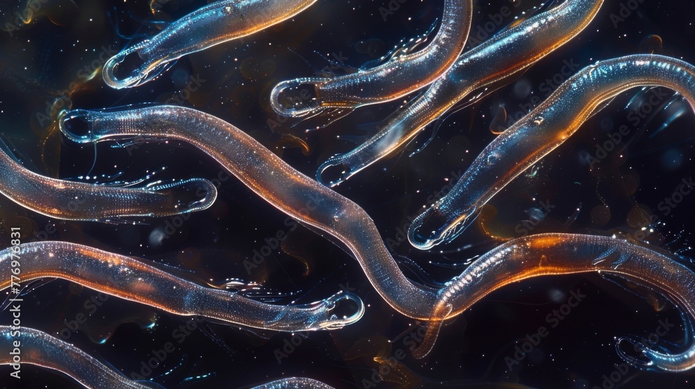 Aufkleber an overhead view of a group of nematodes all moving in synchronized wriggles. the high contrast ligh