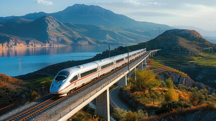 Elevated high speed rail train passing through hills. Generative AI. - obrazy, fototapety, plakaty