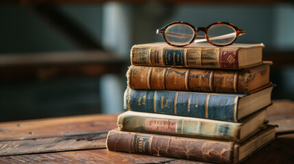A nostalgic composition with a pile of classic hardcover books and a pair of round spectacles atop on a rustic wooden table