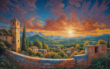A picture of a tranquil village, among green hills, with mountains in the background, the setting sun colors the sky in shades of orange and purple, illuminating the ancient stone towers and walls