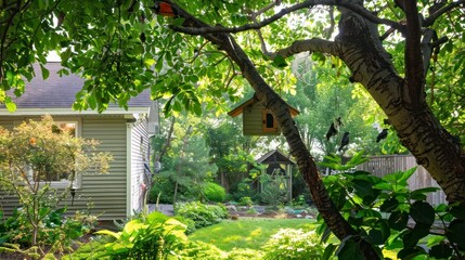 A Cozy House Peeks Through the Backyard Garden, Complimented by a Crafted Nesting Box with a Pitched Roof in the Foliage - obrazy, fototapety, plakaty