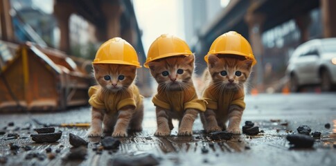 group of cute baby kittens wearing construction worker outfits with yellow hard hats, on the city street, working together to build something new and beautiful.