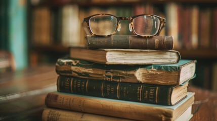 A stack of timeworn books set against the backdrop of a bookshelf, crowned with a pair of vintage glasses - obrazy, fototapety, plakaty