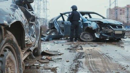 Fototapeta premium Close-up shot of Accident Scene with Wrecked Vehicles and Law Enforcement