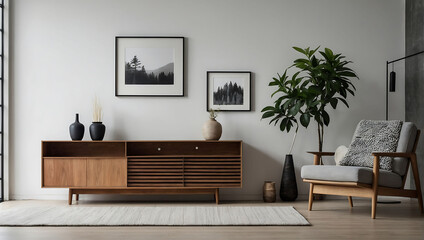 Wooden cabinet and accessories decoration in living room interior on empty white wall background. AI generated