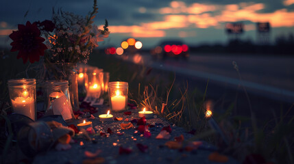 empty highway with Flowers and Candles for Car Accident Victims