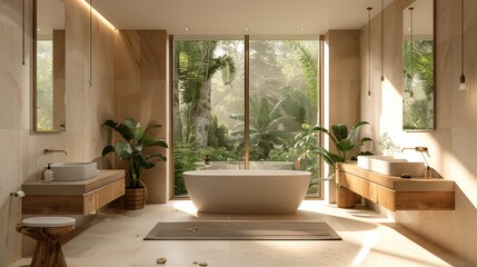 Fototapeta premium Modern bathroom interior with a beige Bathtub, washstand and Toilet in neutral tones, minimalist design concept with large windows and wooden accents. Generative AI.
