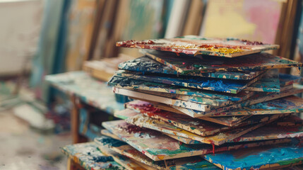 Fototapeta na wymiar An artistic array of paint-smeared palettes stacked untidily, evoking the creative chaos of the artist's studio