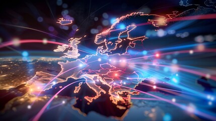 a digital map of Europe, highlighted with glowing outlines and vibrant lines, suggesting a networked, interconnected data flow.