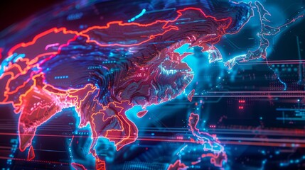 a vibrant digital map of Asia, with neon outlines suggesting technological connectivity and futuristic themes. - obrazy, fototapety, plakaty