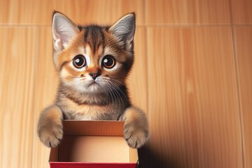 A kitten is holding cardboard box in its paws
