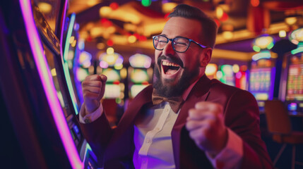  Joyful Man Celebrating Win at Casino Slot Machines