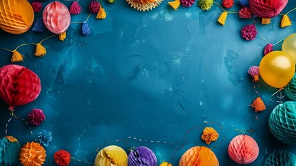 Obraz na płótnie Canvas Festive Party Cinco de Mayo Decorations Banner. Mexican Bright Paper Balls and Garland, top view. Deep blue background with copy space for text. AI Generated