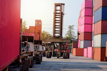 Forklift truck handling cargo, container boxes in logistics shipping yard with pile of cargo...