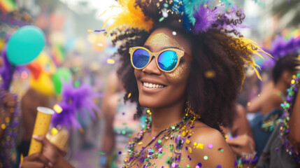 Exuberant Female Celebrator at Mardi Gras with Glitter Makeup and Sunglasses