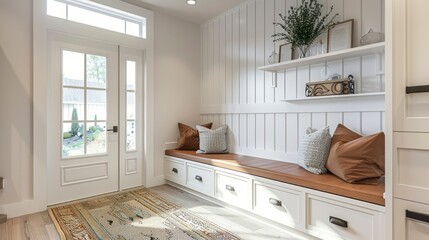 Fototapeta premium A Stylish Foyer Boasts an Exquisite Wall Clad in Board and Batten, Complemented by a Spacious Built-In Bench with Cozy Pillows and Handy Storage Drawers