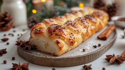 Freshly baked braided bread on a wooden board, surrounded by star anise and cinnamon sticks, with soft bokeh lights in the background, conveying a cozy, festive atmosphere.