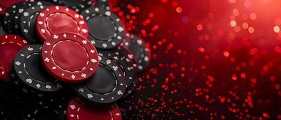 3D render of casino chips with poker symbols in black and red. Concept Casino Chips, Poker Symbols, 3D Render, Black and Red