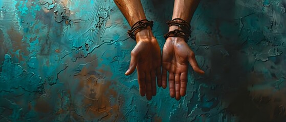Photo of a persons hands in shackles symbolizing the global issue of human trafficking and forced labor. Concept Social Issues, Human Rights, Global Awareness, Forced Labor, Human Trafficking - obrazy, fototapety, plakaty