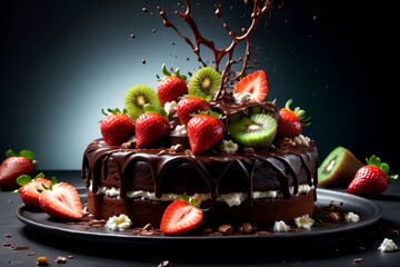 chocolate cake with strawberries, cottage cheese, fruits - obrazy, fototapety, plakaty