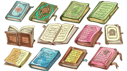 Colorful drawings of koran book with text. Hand drawn