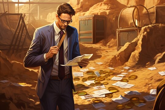 A digital portrait of a business man navigating through a dig site in search of treasure, unique hyper-realistic illustrations
