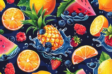 a colorful fruit pattern with water splashes and fruits