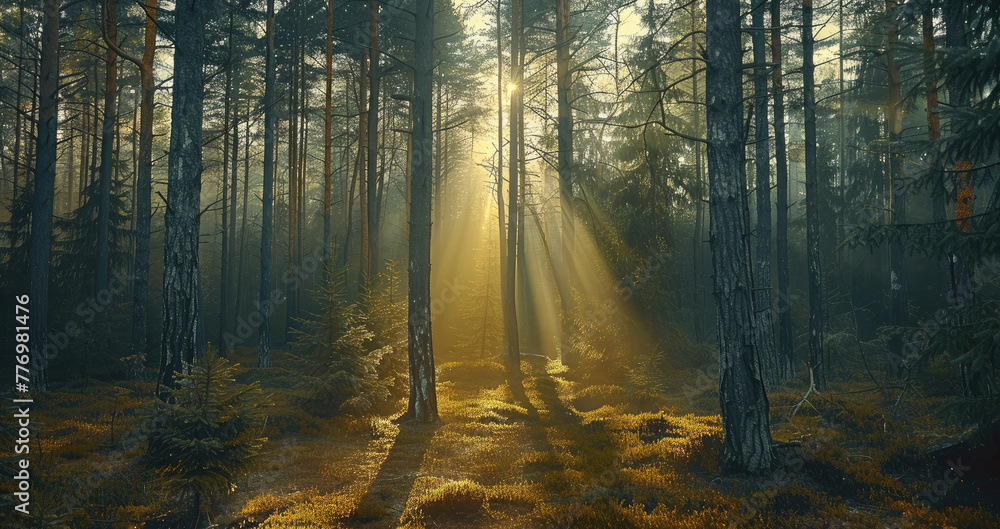 Poster Mysterious forest, trunks of fir trees and pine trees, a ray of sunlight breaks through the tree trunks. Generative AI.