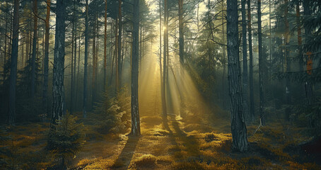 Mysterious forest, trunks of fir trees and pine trees, a ray of sunlight breaks through the tree trunks. Generative AI.