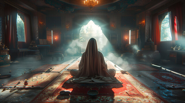 Mystical scene with a person meditating in a grand, dimly lit hall with sunbeams piercing through windows, creating a serene and spiritual atmosphere.