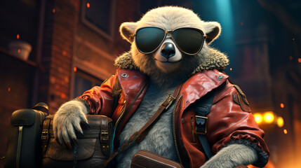 Picture a suave koala in a cashmere turtleneck sweater, accessorized with a platinum watch and a leather briefcase. Amidst a backdrop of skyscrapers at dusk, it exudes urban sophistication and busines - obrazy, fototapety, plakaty