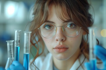 A blond woman in a lab coat and glasses is holding electric blue test tubes in her hands as she conducts a science experiment - obrazy, fototapety, plakaty