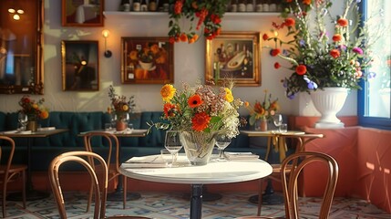Restaurant interior with flowers. Generative AI.
